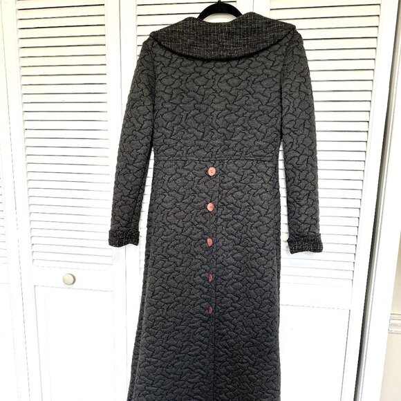 Vintage Dark Iron Gray Textured Button-down Long Trench Coat - Picture 6 of 14